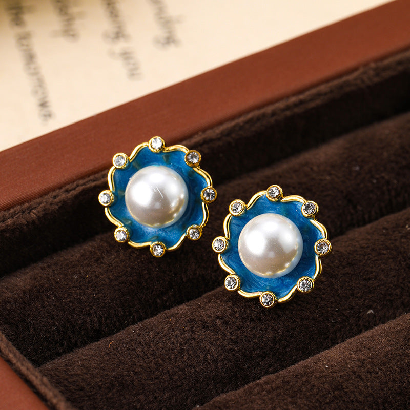 Retro enamel silver needle earrings pearl female Bohemian personality vintage earrings