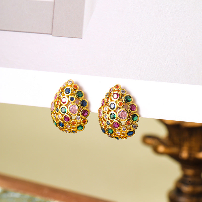 Bohemian water drop color zircon earrings retro earrings silver needle earrings