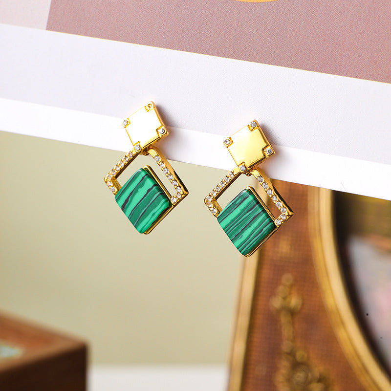 Copper-plated real gold retro diamond-studded malachite geometric square earrings niche high-end luxury 925 silver needle earrings