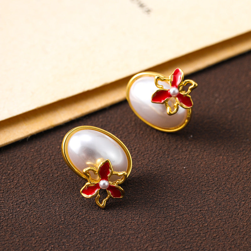 Super small oil-drop flower pearl earrings silver needle earrings for women, sweet and elegant earrings