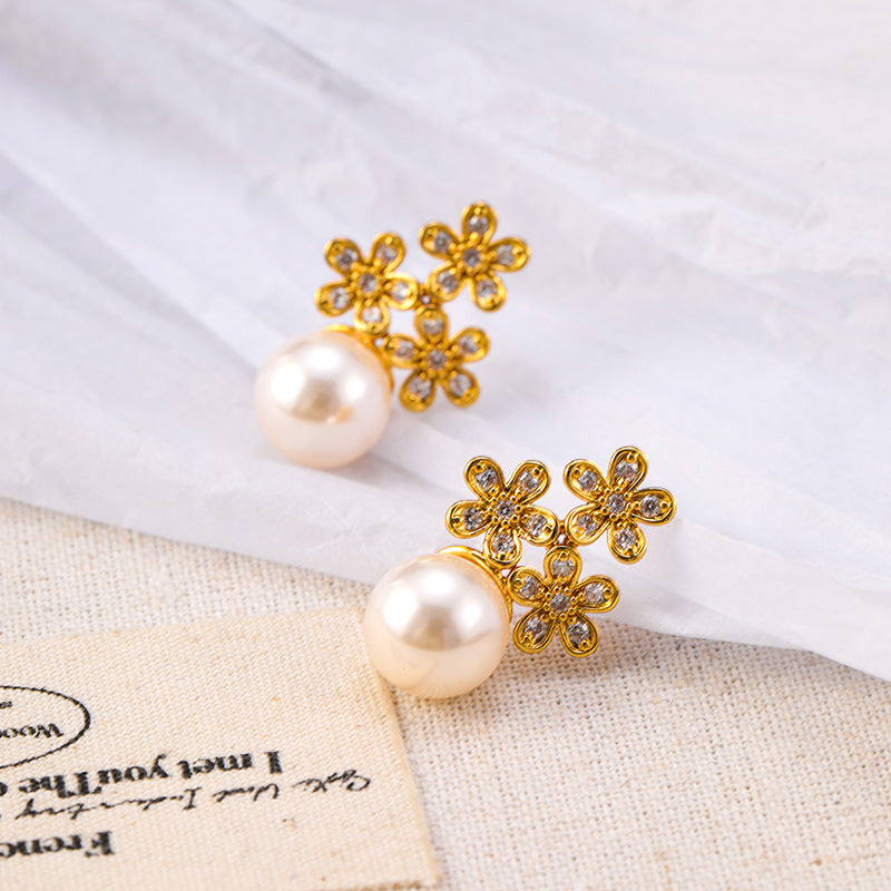 French elegant exquisite zircon flower pearl earrings retro earrings light luxury silver needle earrings