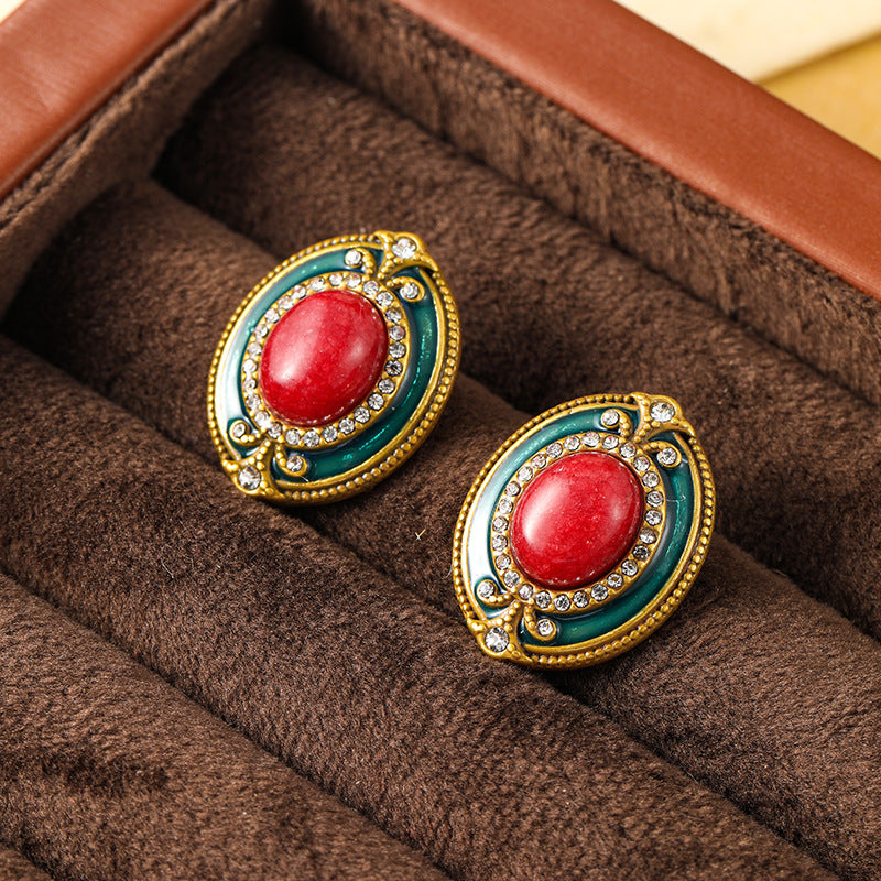 Vintage medieval jewelry earrings summer high-end niche luxury natural stone enamel retro earrings