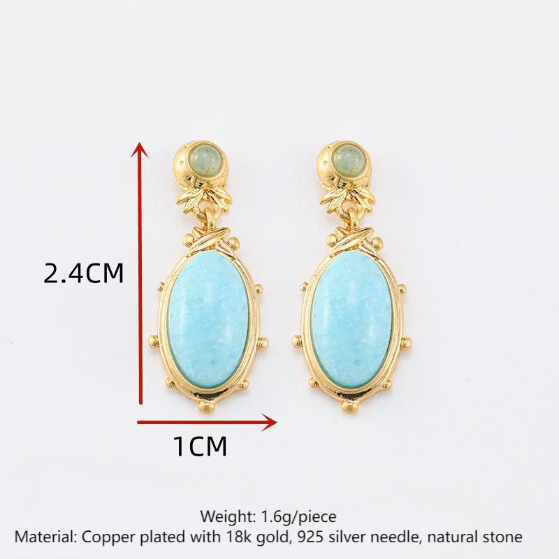 Oval natural stone ethnic style earrings for women, retro niche national style earrings, silver needles