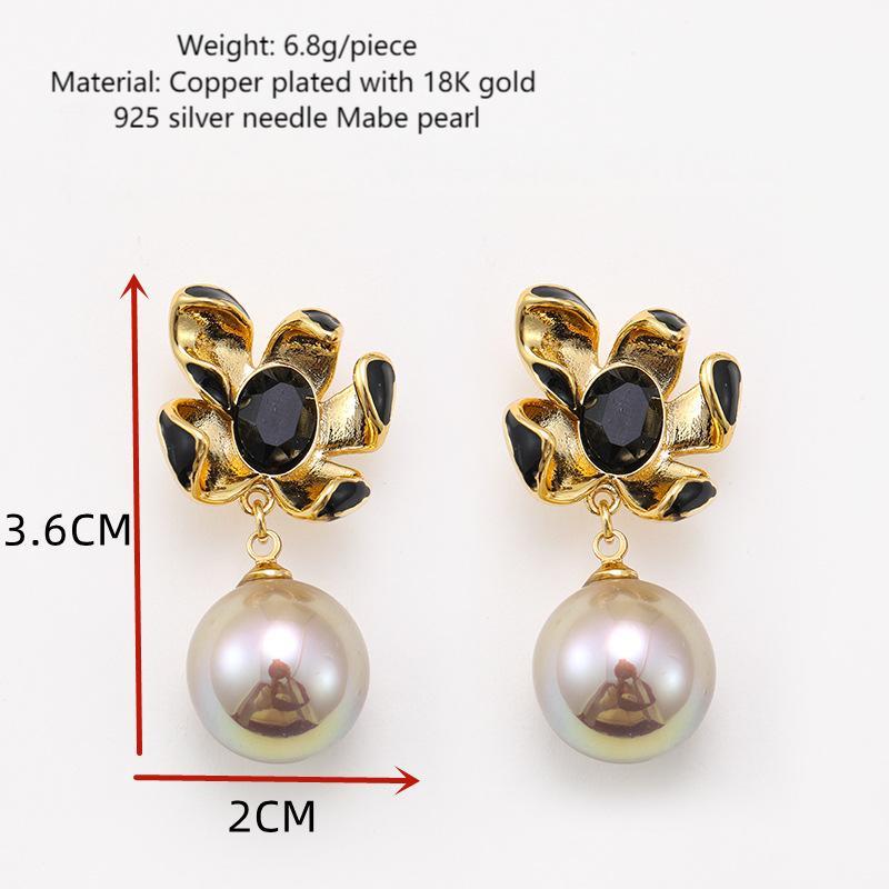 French retro flower champagne gold pearl earrings, high-end vintage luxury earrings