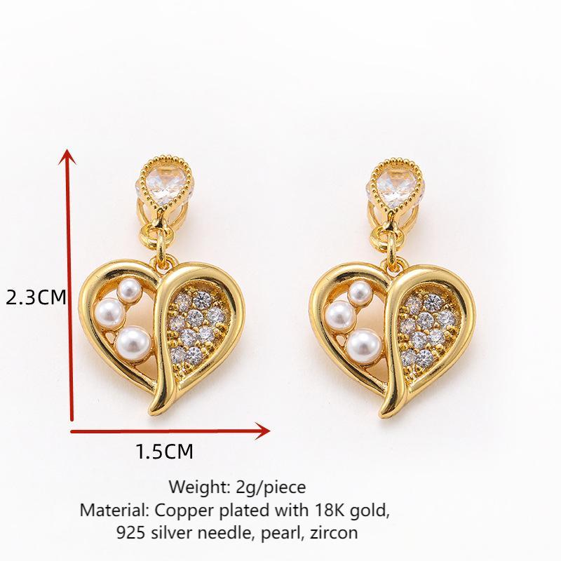 French exquisite hollow heart micro-inlaid zircon pearl earrings for women, high-end and versatile small silver needle earrings