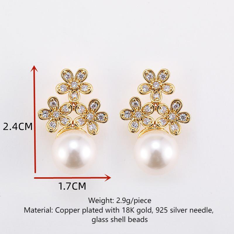 French elegant exquisite zircon flower pearl earrings retro earrings light luxury silver needle earrings