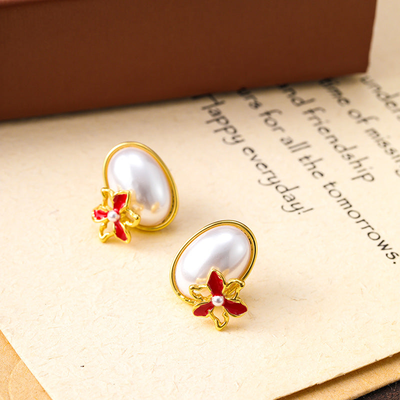 Super small oil-drop flower pearl earrings silver needle earrings for women, sweet and elegant earrings