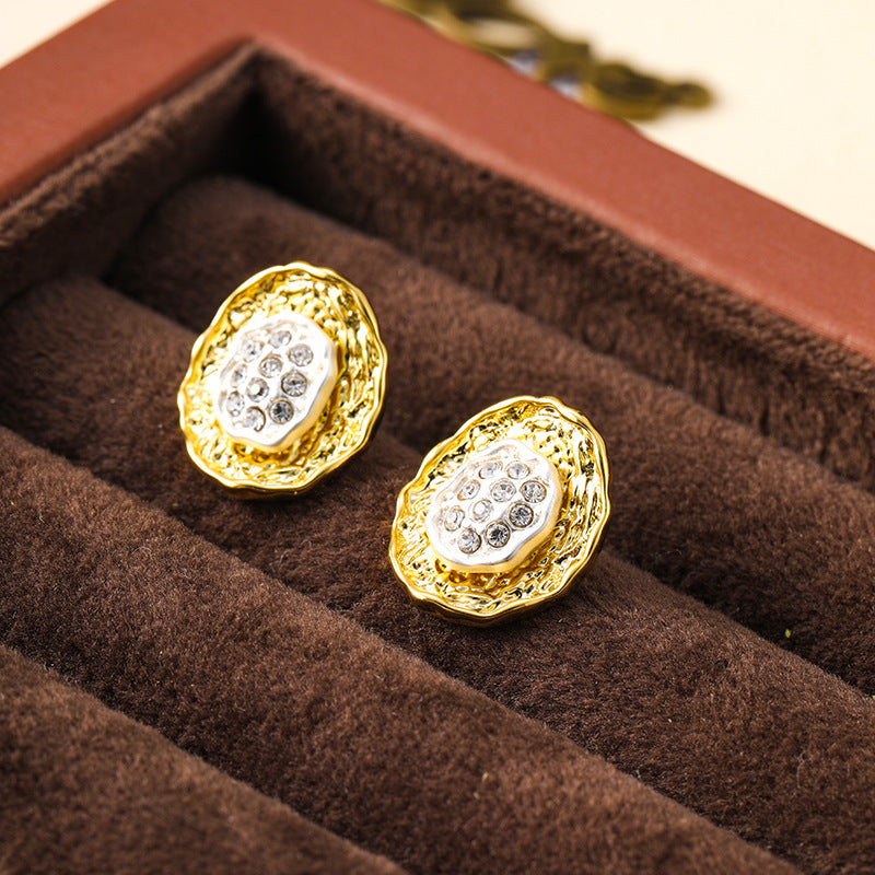 Pleated button gold and silver contrast retro earrings niche design versatile earrings