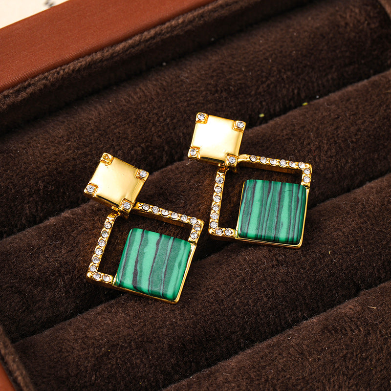 Copper-plated real gold retro diamond-studded malachite geometric square earrings niche high-end luxury 925 silver needle earrings