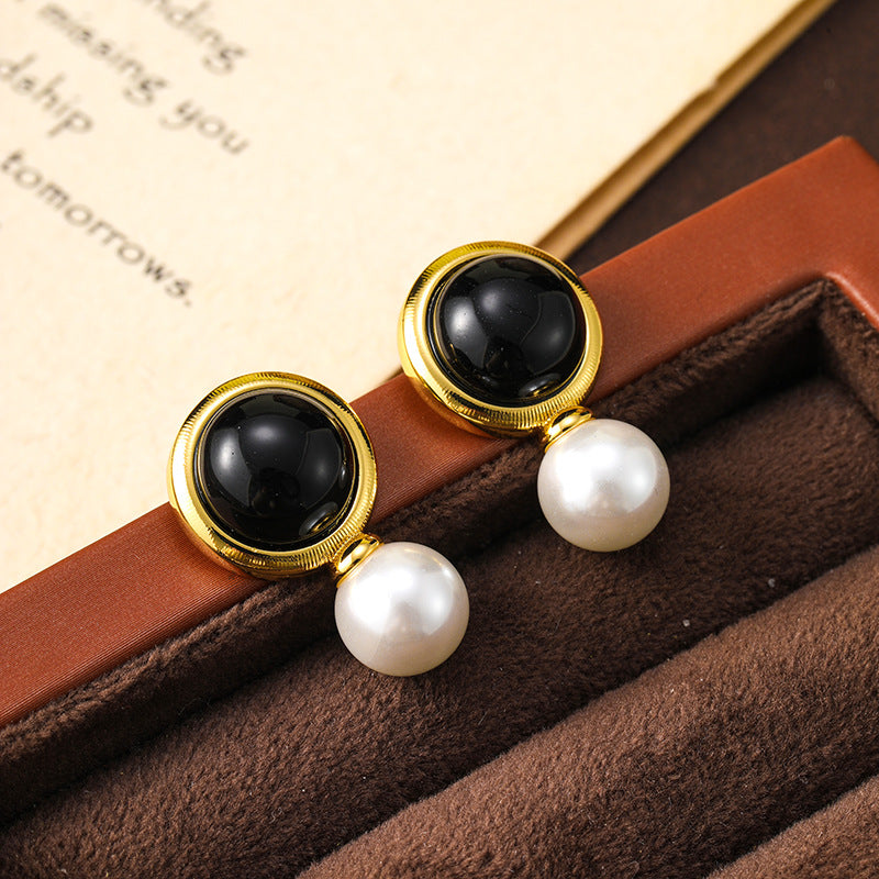Retro round amethyst pearl earrings, niche atmosphere, personality, versatile temperament earrings for women