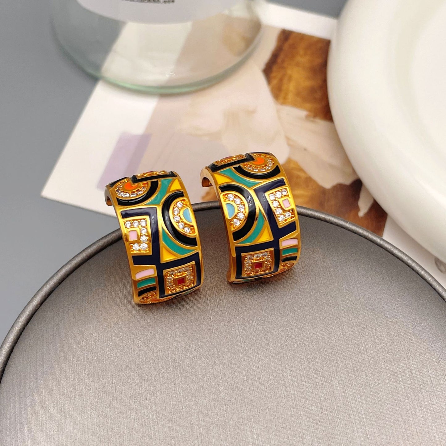 Zircon enamel retro earrings, luxury, niche, personalized earrings