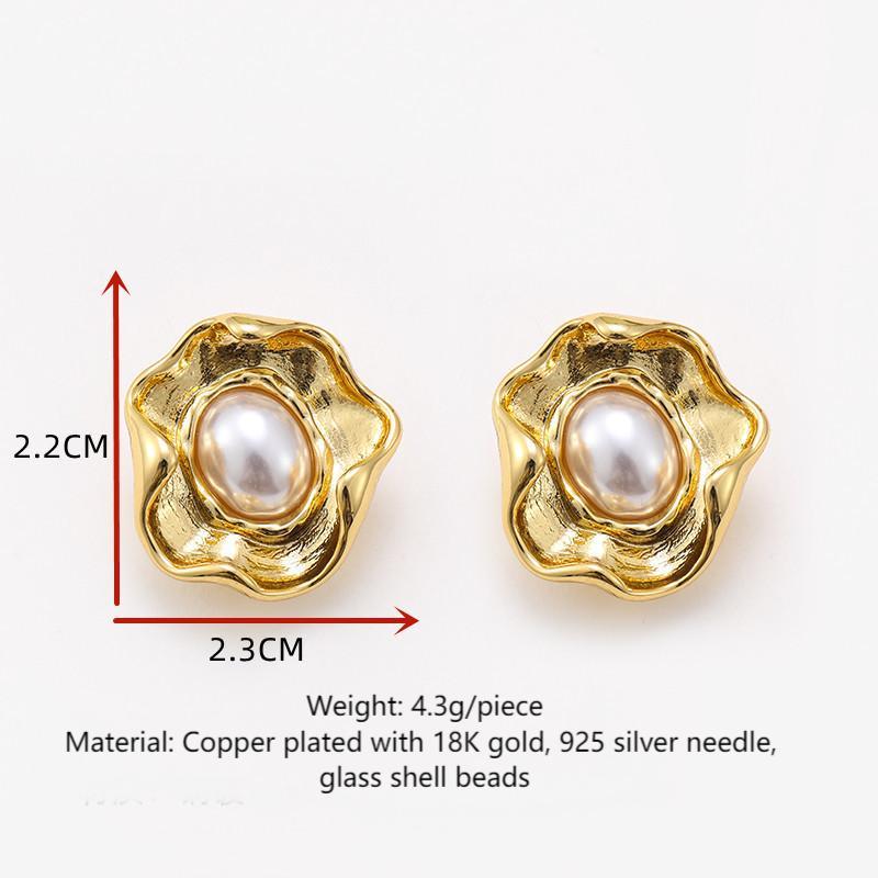 French gold retro irregular lace pearl earrings, high-end earrings, silver needles, light luxury, versatile and exaggerated earrings