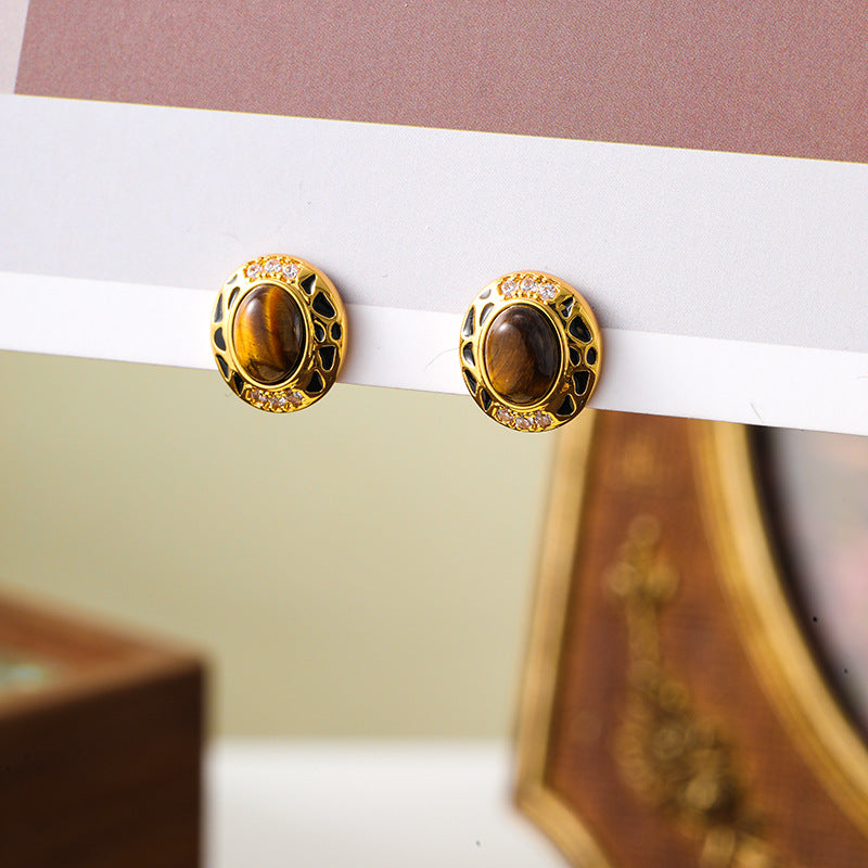 Maillard Retro Exquisite Tiger Eye Stone Earrings Female Niche Design High-end Earrings Holiday Style Silver Needle Earrings