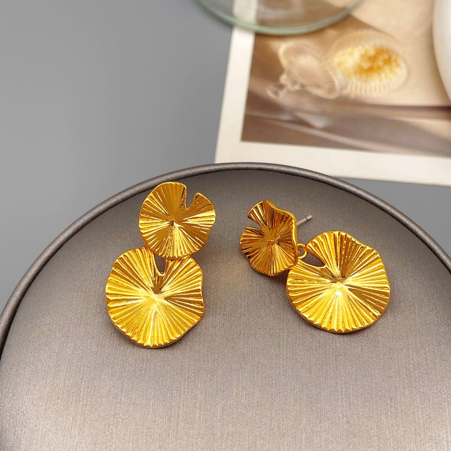 Retro AB asymmetrical lotus leaf earrings with a simple and versatile design and personality earrings
