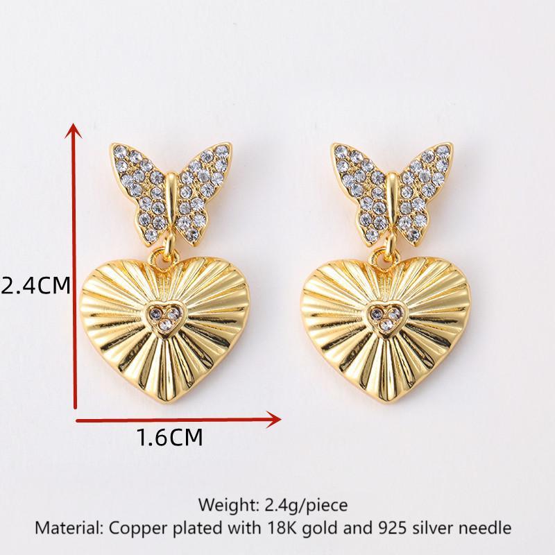 Full diamond butterfly heart retro earrings French light luxury gold-plated earrings silver needles