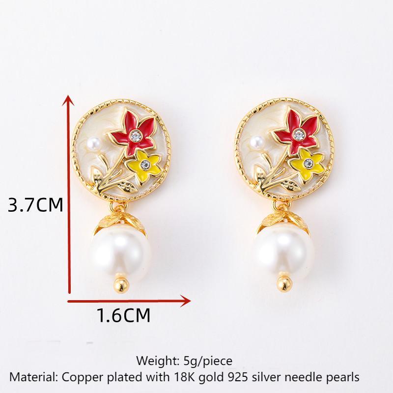 French fresh and fashionable colorful oil-drop flower pearl earrings, light luxury and high-end silver needle earrings