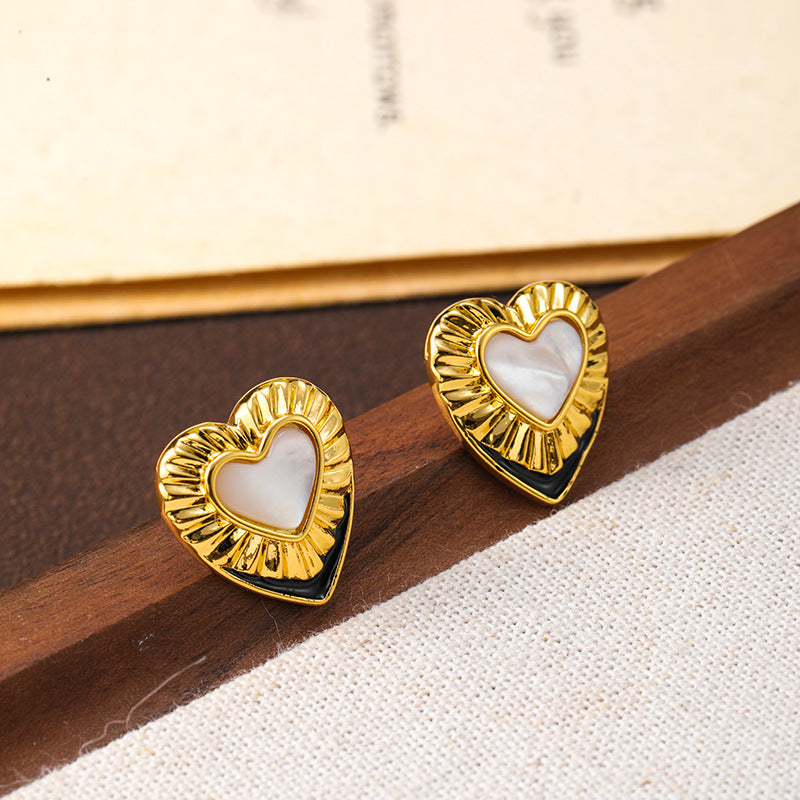 Enamel white mother-of-pearl heart earrings, retro earrings, niche fashion earrings