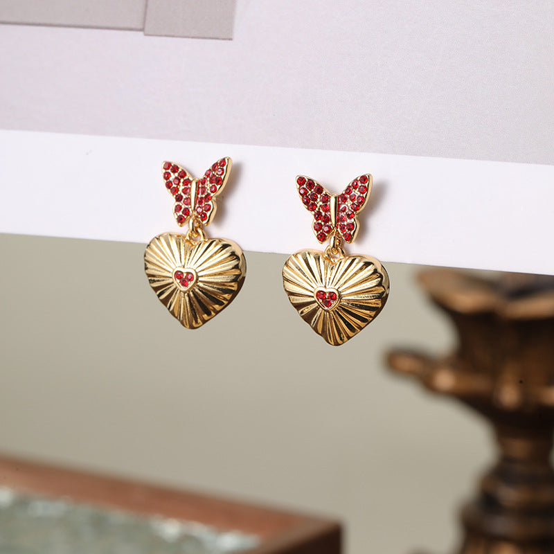 Full diamond butterfly heart retro earrings French light luxury gold-plated earrings silver needles