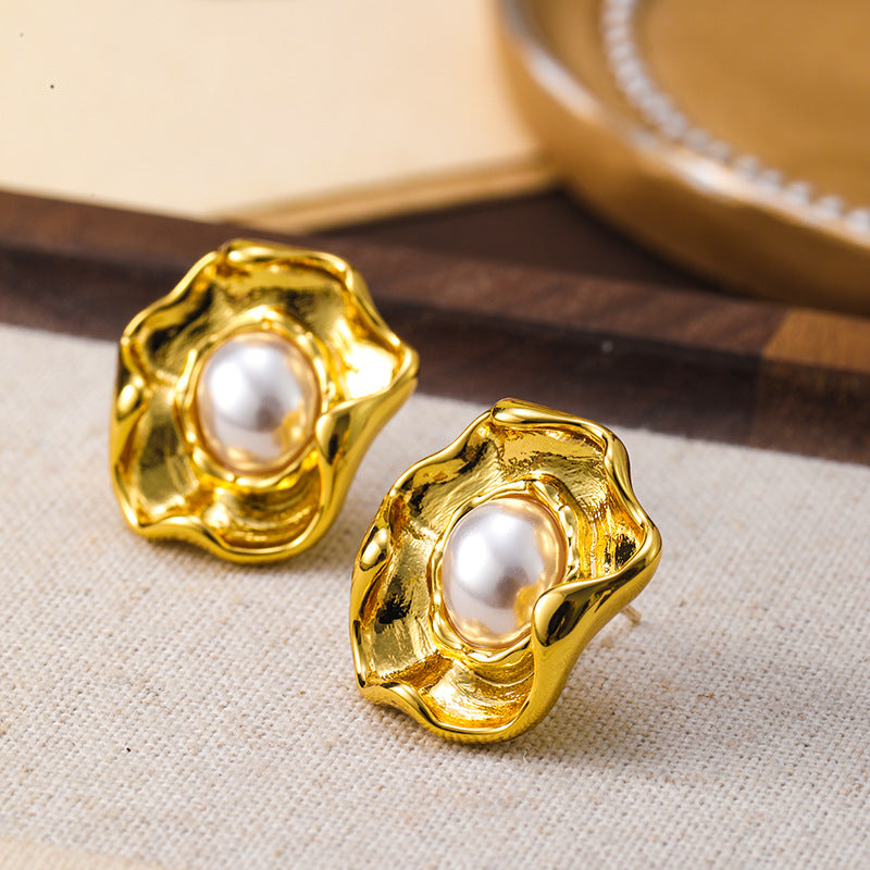 French gold retro irregular lace pearl earrings, high-end earrings, silver needles, light luxury, versatile and exaggerated earrings