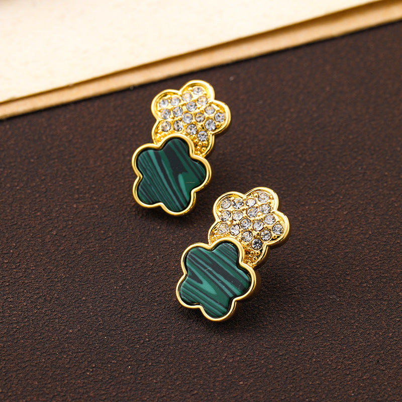 Real gold plated simple diamond-inlaid malachite lucky clover five-leaf flower earrings silver needle earrings