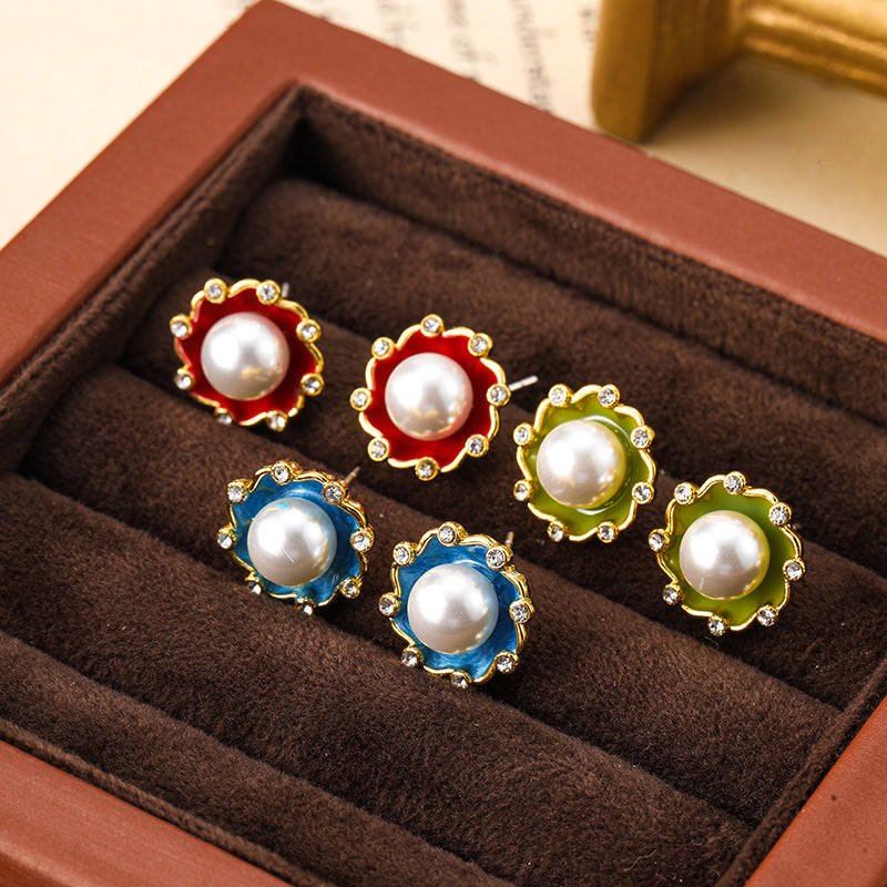Retro enamel silver needle earrings pearl female Bohemian personality vintage earrings