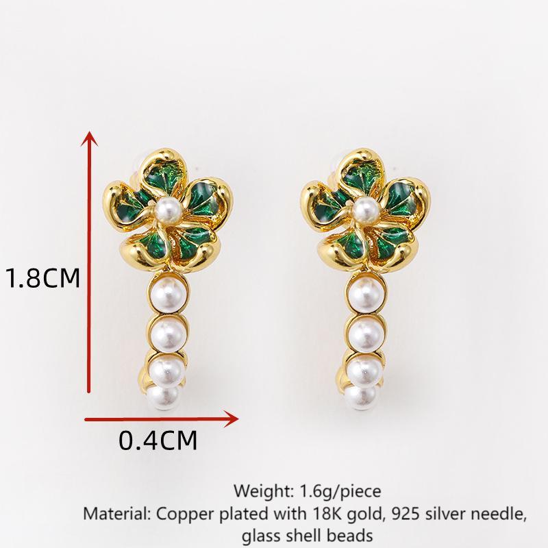 Original French retro colored enamel flower pearl earrings for women, versatile temperament C-shaped earrings, silver needles