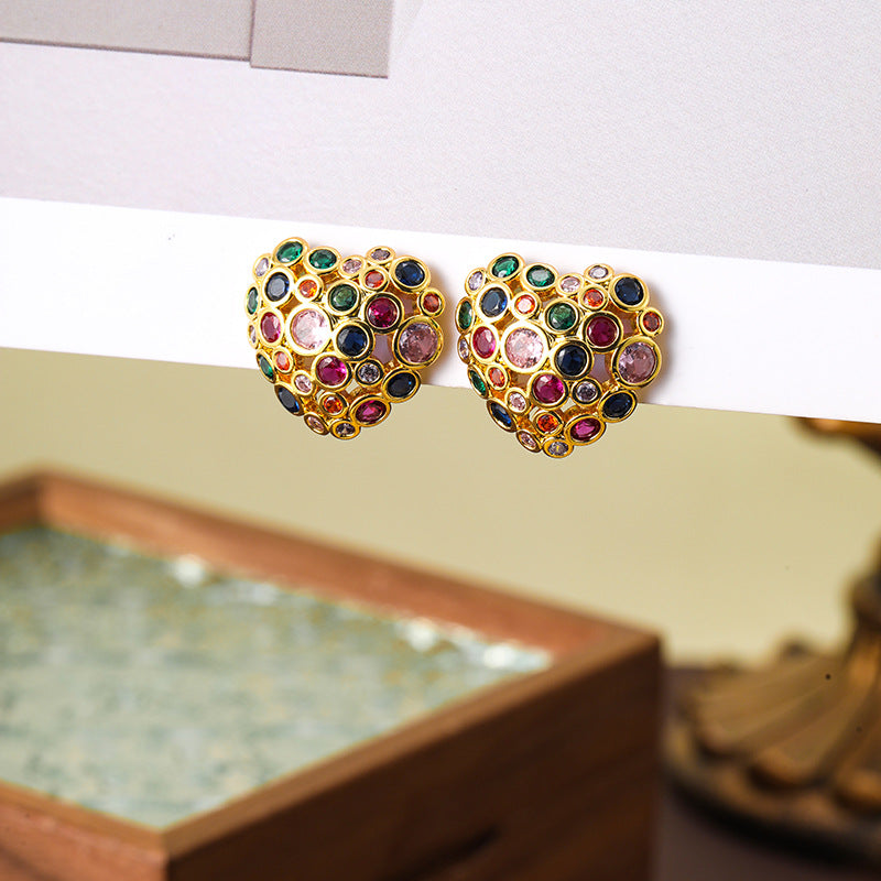 Bohemian colorful diamond heart earrings retro earrings for women 925 silver needle