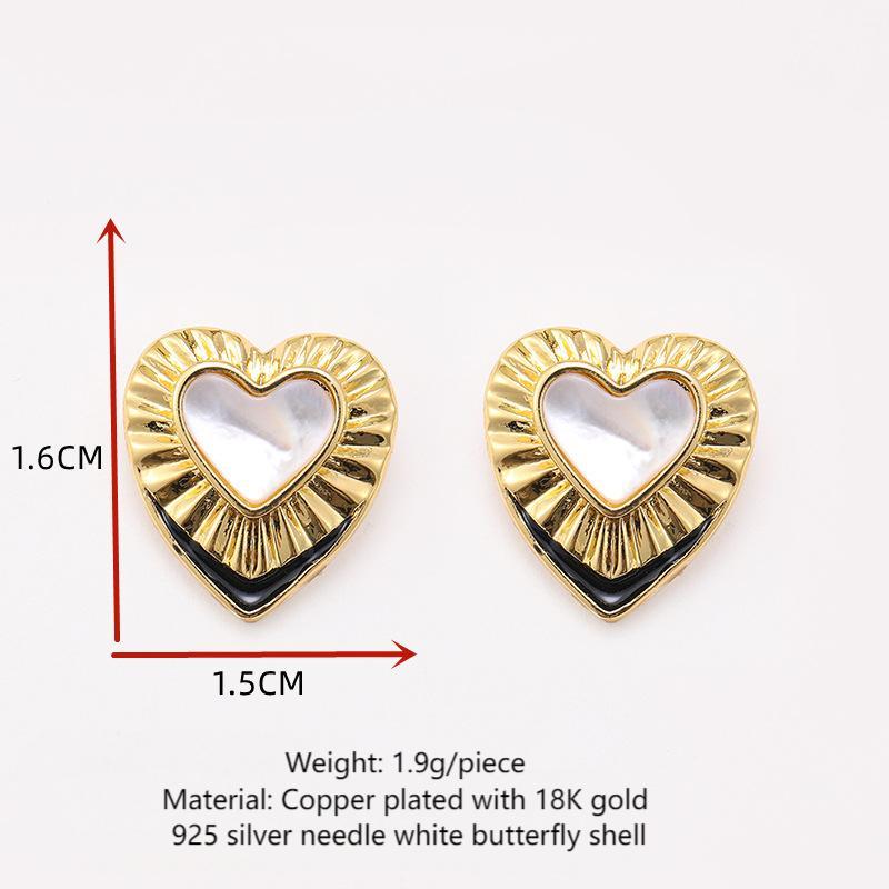 Enamel white mother-of-pearl heart earrings, retro earrings, niche fashion earrings