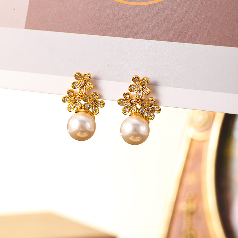 French elegant exquisite zircon flower pearl earrings retro earrings light luxury silver needle earrings