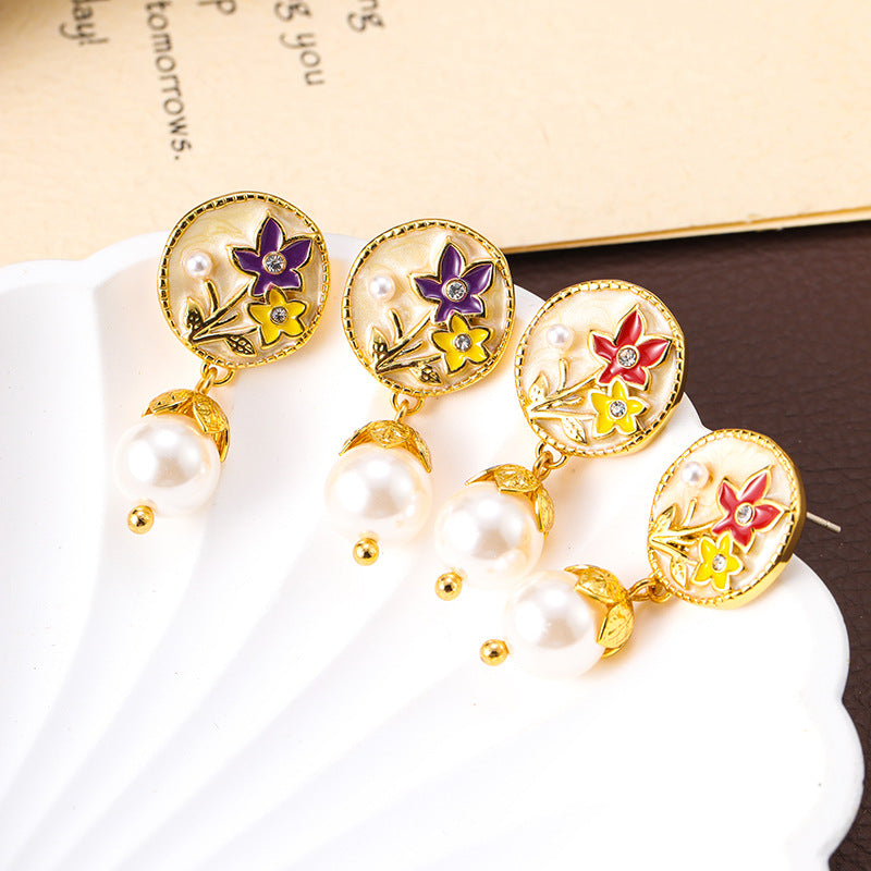 French fresh and fashionable colorful oil-drop flower pearl earrings, light luxury and high-end silver needle earrings