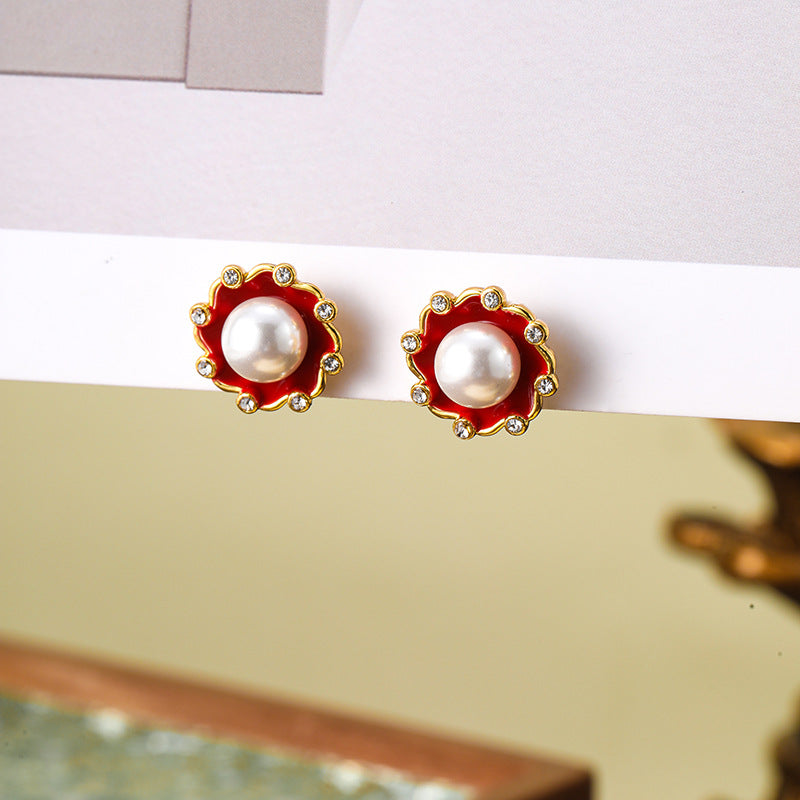 Retro enamel silver needle earrings pearl female Bohemian personality vintage earrings