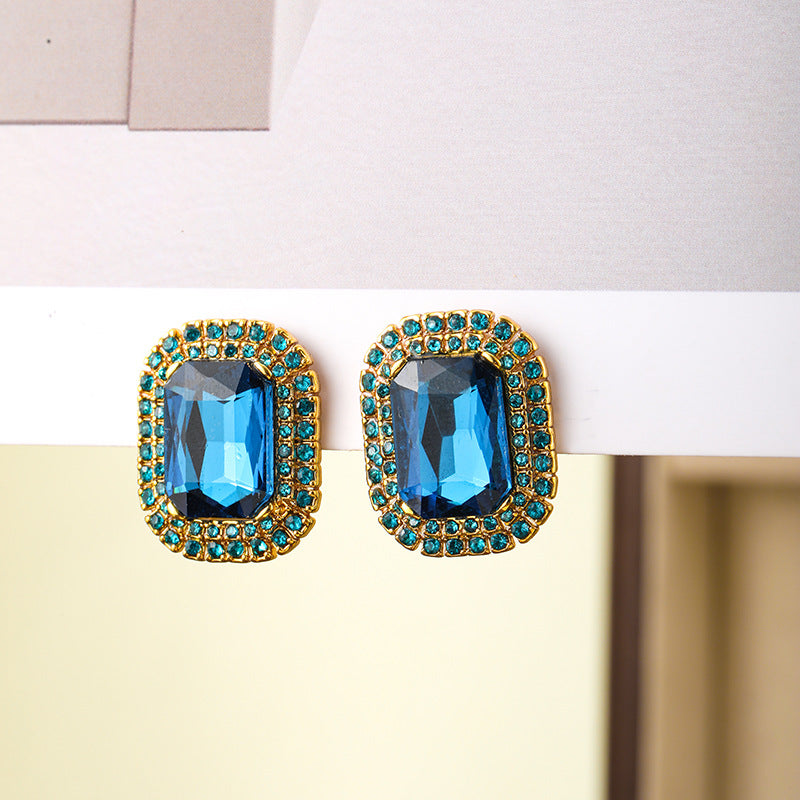 New geometric inlaid sapphire vintage earrings personalized retro earrings