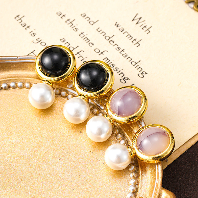 Retro round amethyst pearl earrings, niche atmosphere, personality, versatile temperament earrings for women