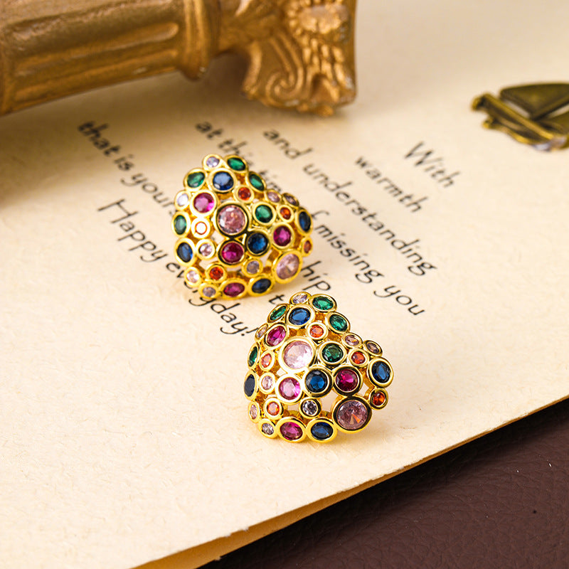 Bohemian colorful diamond heart earrings retro earrings for women 925 silver needle