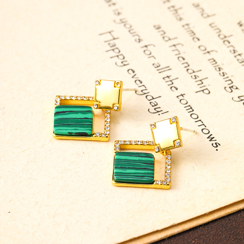 Copper-plated real gold retro diamond-studded malachite geometric square earrings niche high-end luxury 925 silver needle earrings