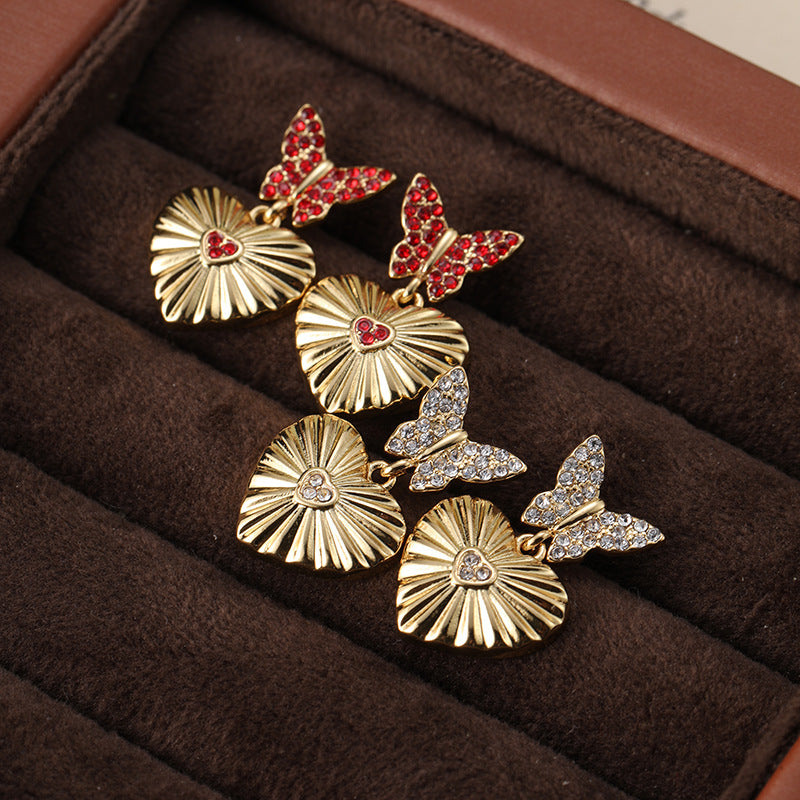 Full diamond butterfly heart retro earrings French light luxury gold-plated earrings silver needles