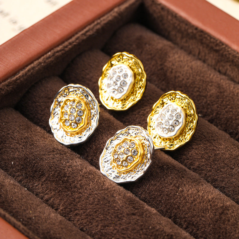 Pleated button gold and silver contrast retro earrings niche design versatile earrings