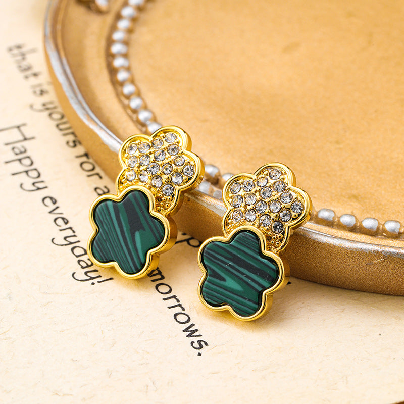 Real gold plated simple diamond-inlaid malachite lucky clover five-leaf flower earrings silver needle earrings