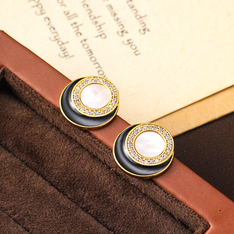 Black and white round oil-dropping white mother-of-pearl zircon earrings niche design Chanel style personality earrings silver needle