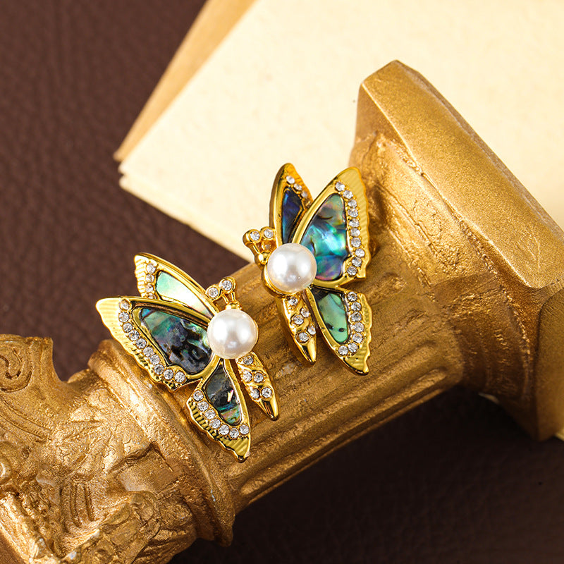 Original S925 silver needle abalone butterfly earrings pearl earrings