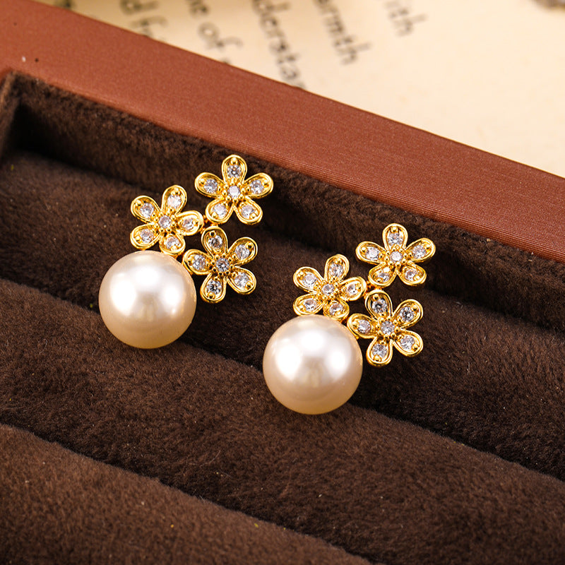 French elegant exquisite zircon flower pearl earrings retro earrings light luxury silver needle earrings