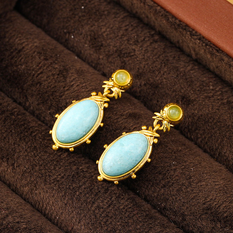 Oval natural stone ethnic style earrings for women, retro niche national style earrings, silver needles