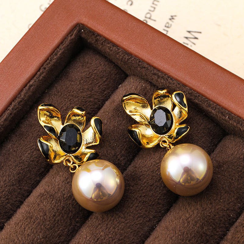 French retro flower champagne gold pearl earrings, high-end vintage luxury earrings