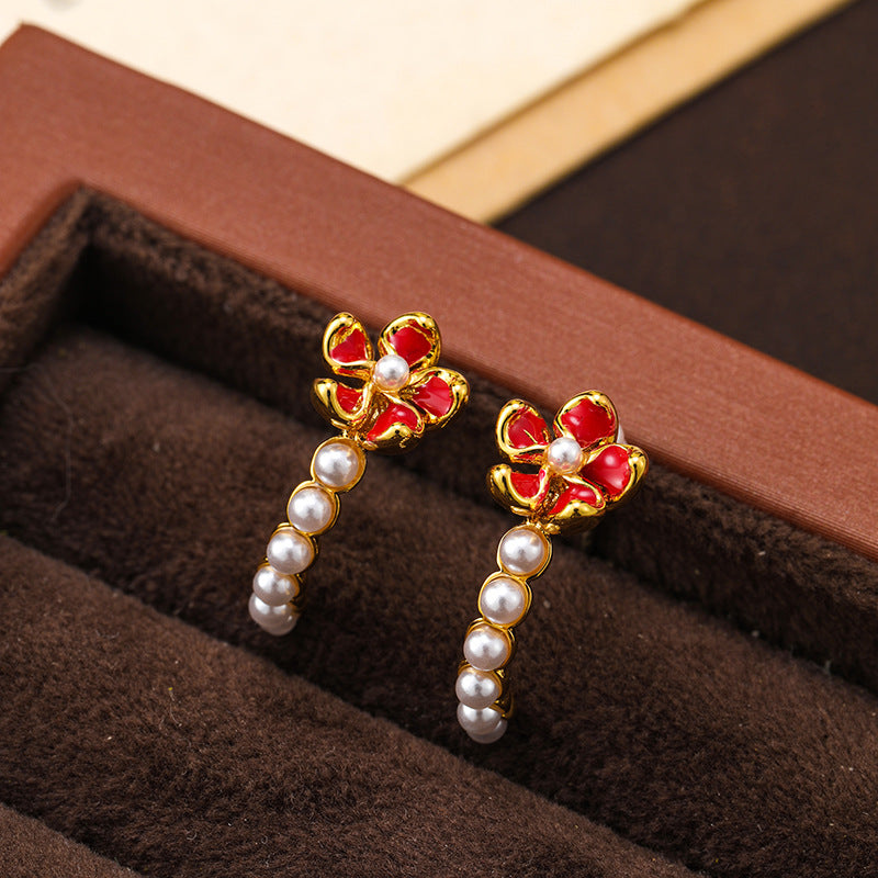 Original French retro colored enamel flower pearl earrings for women, versatile temperament C-shaped earrings, silver needles