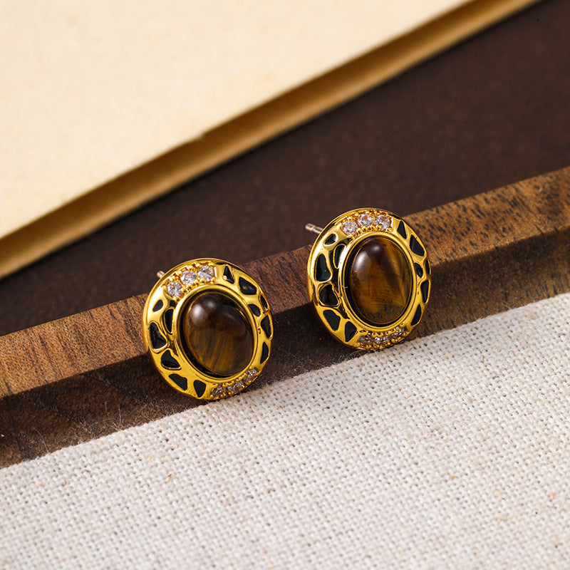 Maillard Retro Exquisite Tiger Eye Stone Earrings Female Niche Design High-end Earrings Holiday Style Silver Needle Earrings
