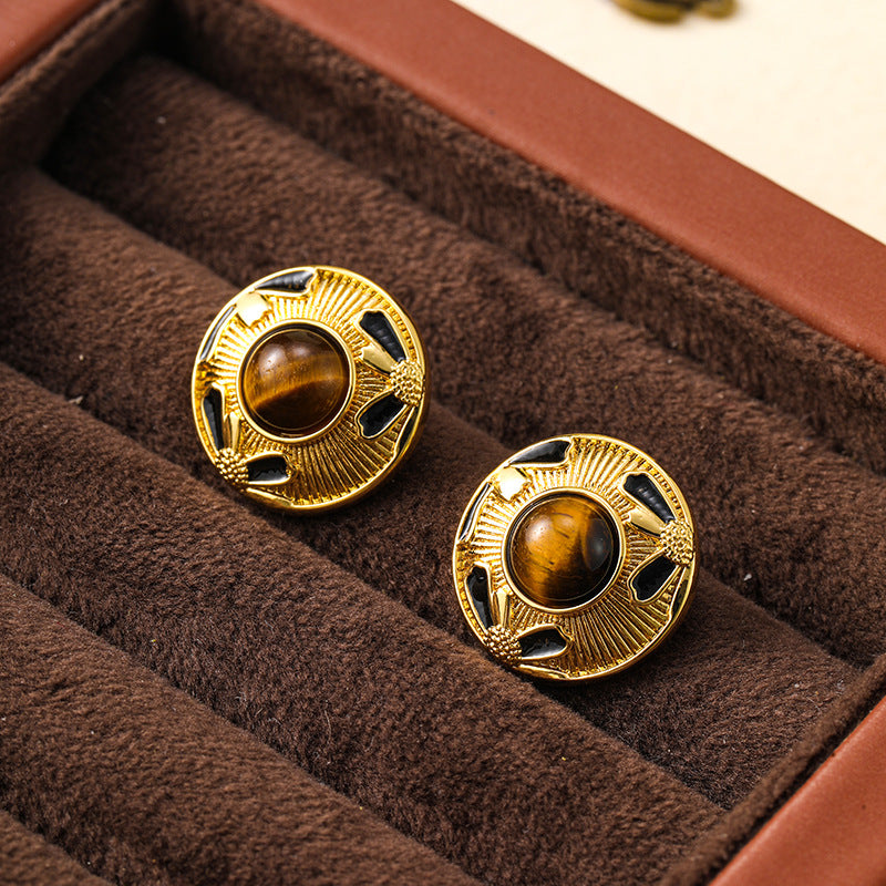 Maillard Retro Tiger Eye Pearl Earrings for Women Niche Design Simple Earrings Holiday Style Silver Needle Earrings