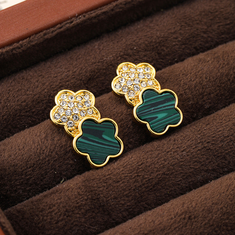 Real gold plated simple diamond-inlaid malachite lucky clover five-leaf flower earrings silver needle earrings