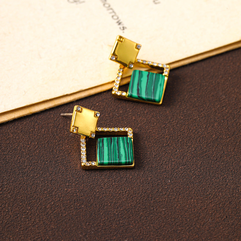 Copper-plated real gold retro diamond-studded malachite geometric square earrings niche high-end luxury 925 silver needle earrings