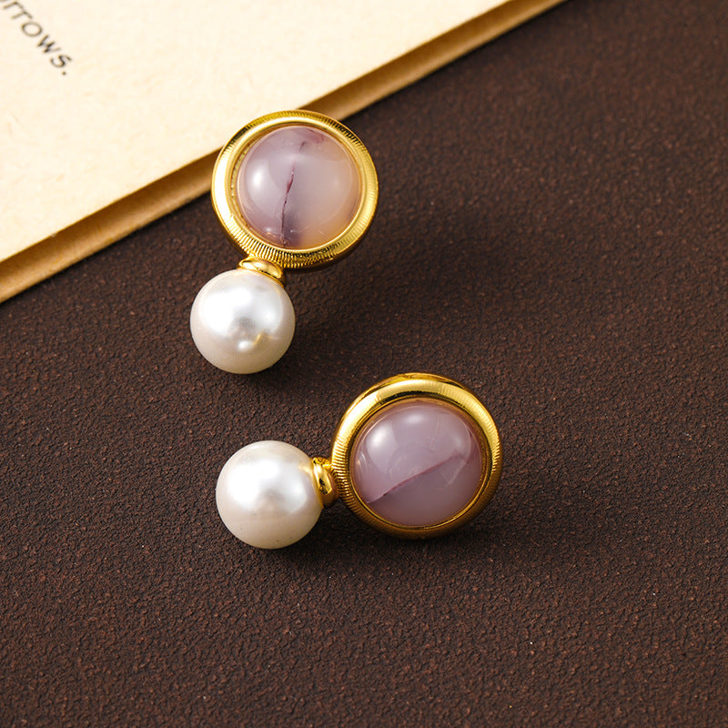Retro round amethyst pearl earrings, niche atmosphere, personality, versatile temperament earrings for women