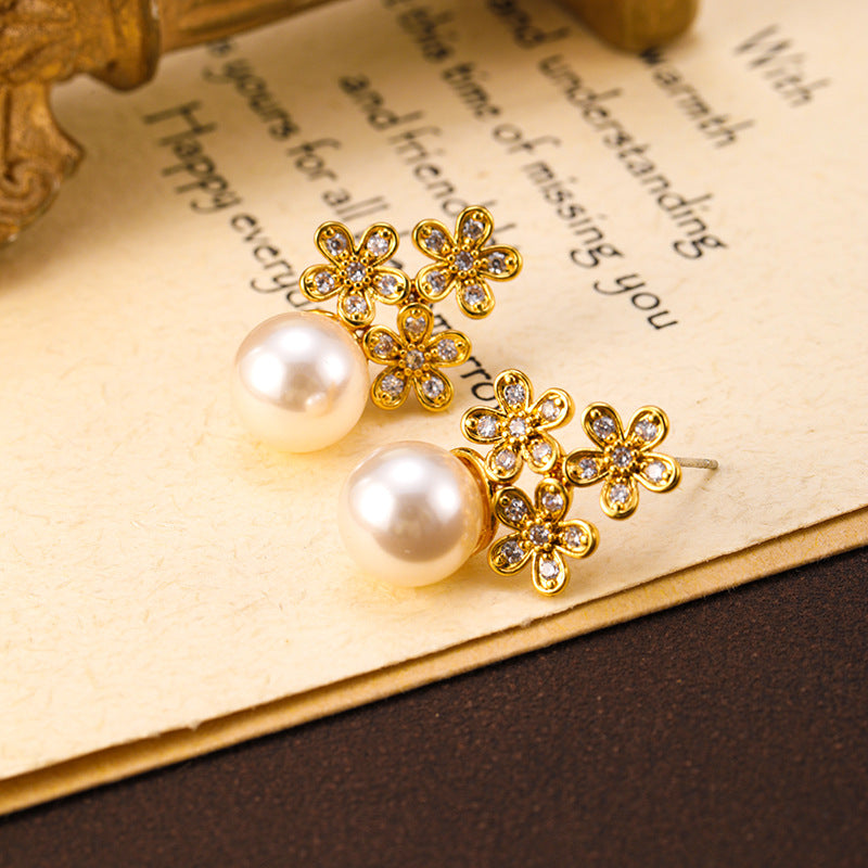 French elegant exquisite zircon flower pearl earrings retro earrings light luxury silver needle earrings